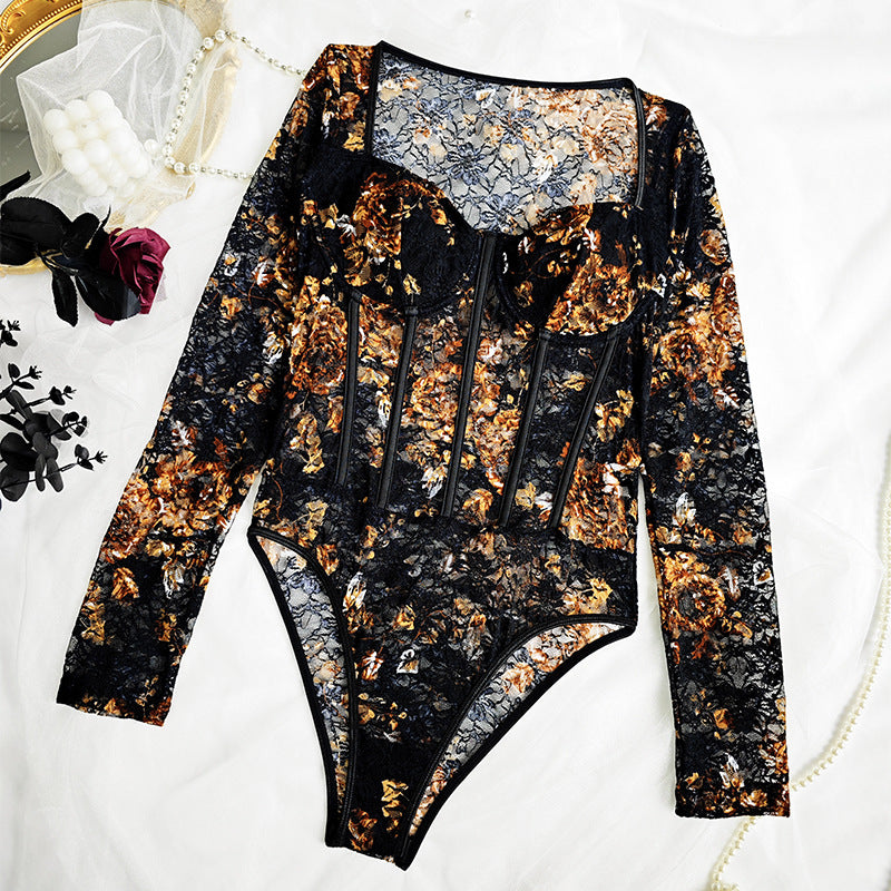 💘 Spicy | Lace Mesh Long Sleeve Sheer Boned Bodysuit