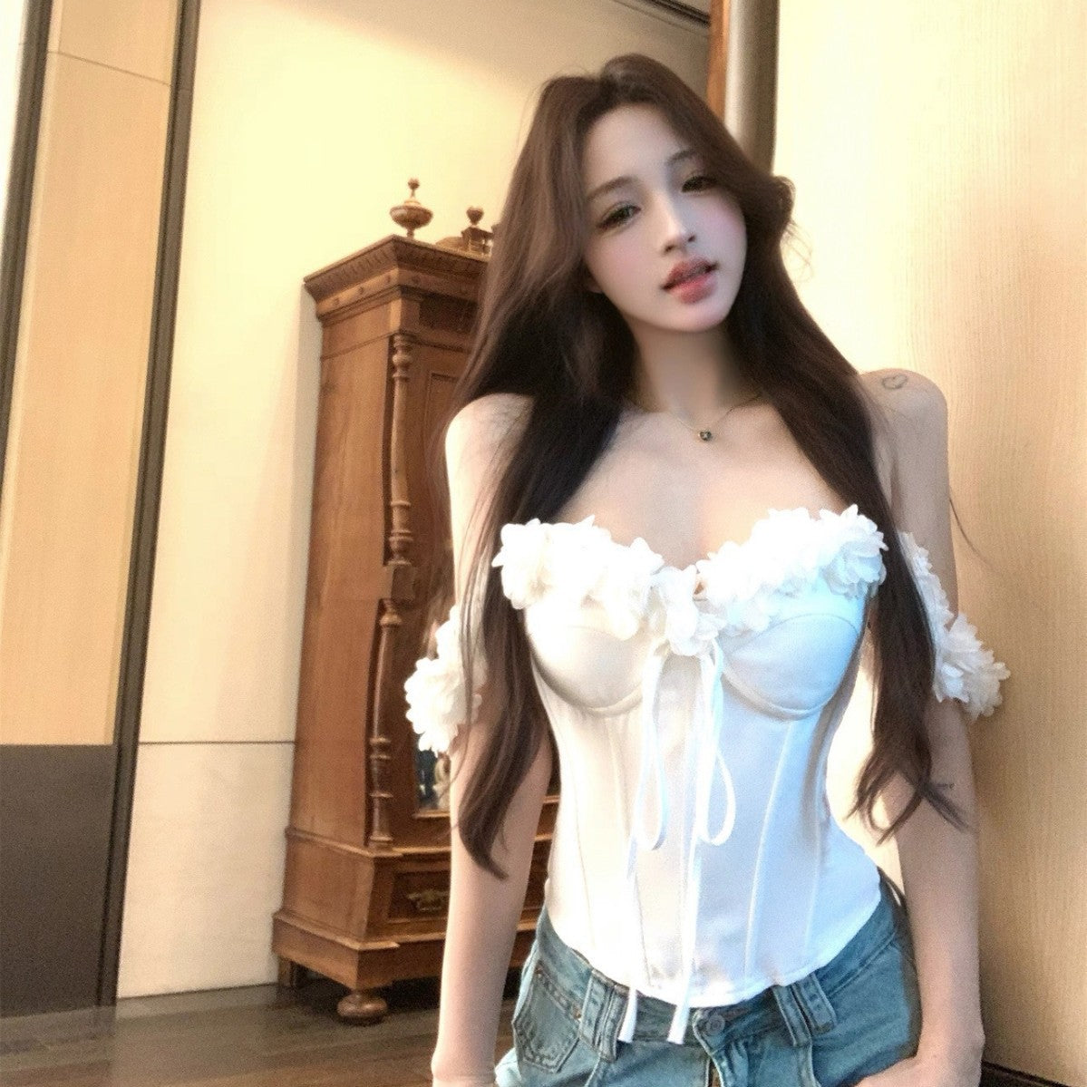 🤍 Spicy|White Lace Boned Cinched Waist Strapless Top