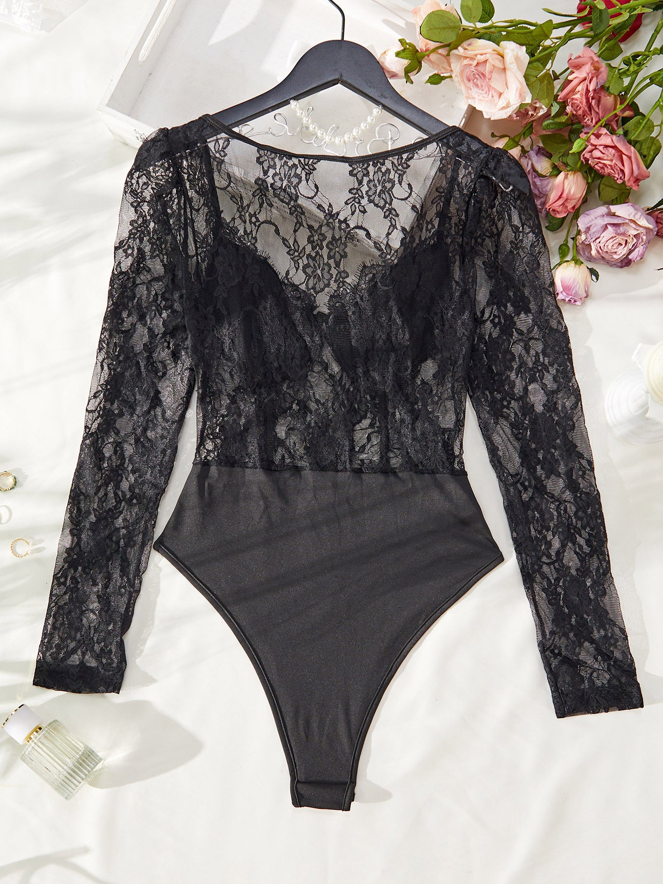 💘 Spicy | Lace Mesh Paneled Long Sleeve Sheer One-Piece