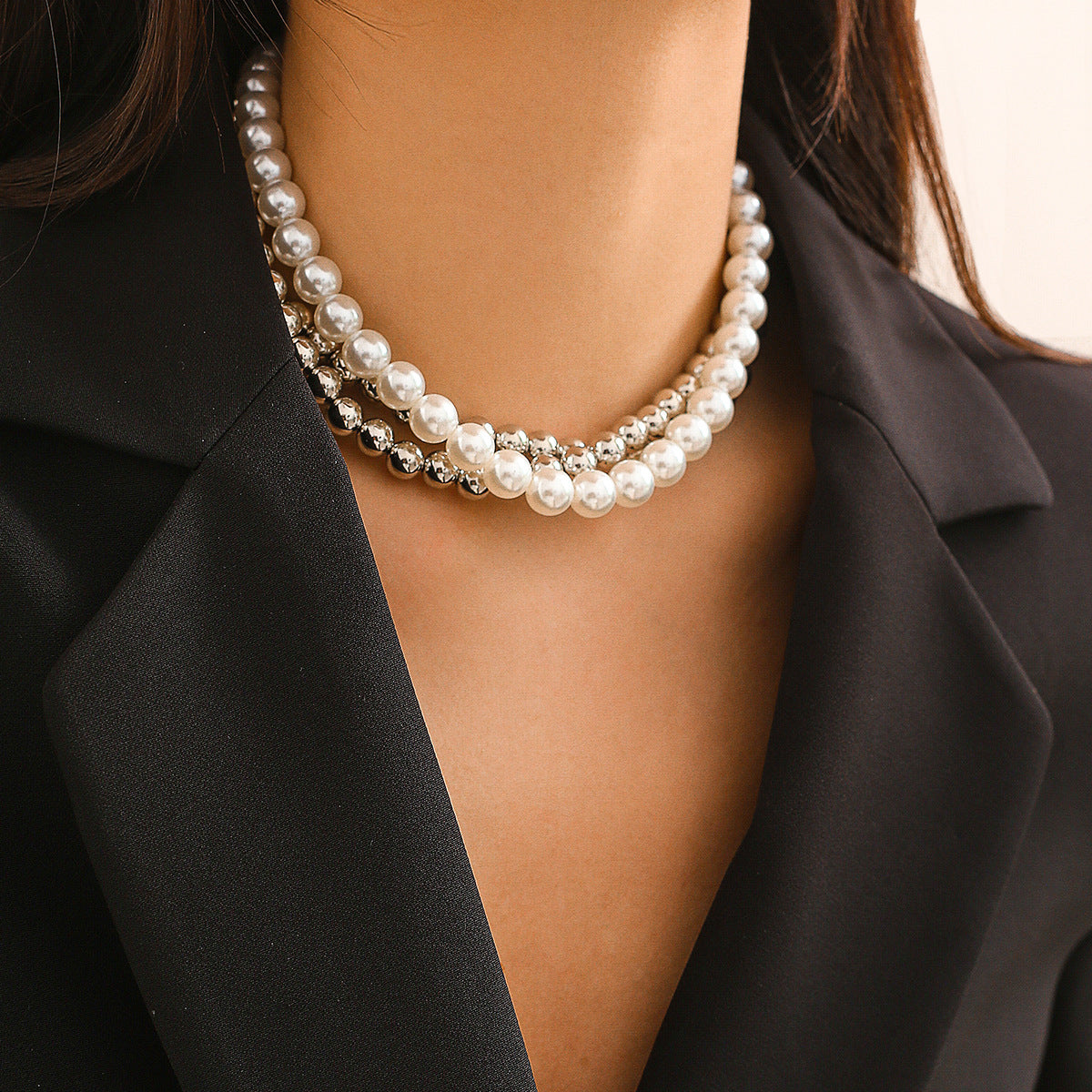 🖤 Choker + Punk Pearl Bead Geometric Statement Necklace