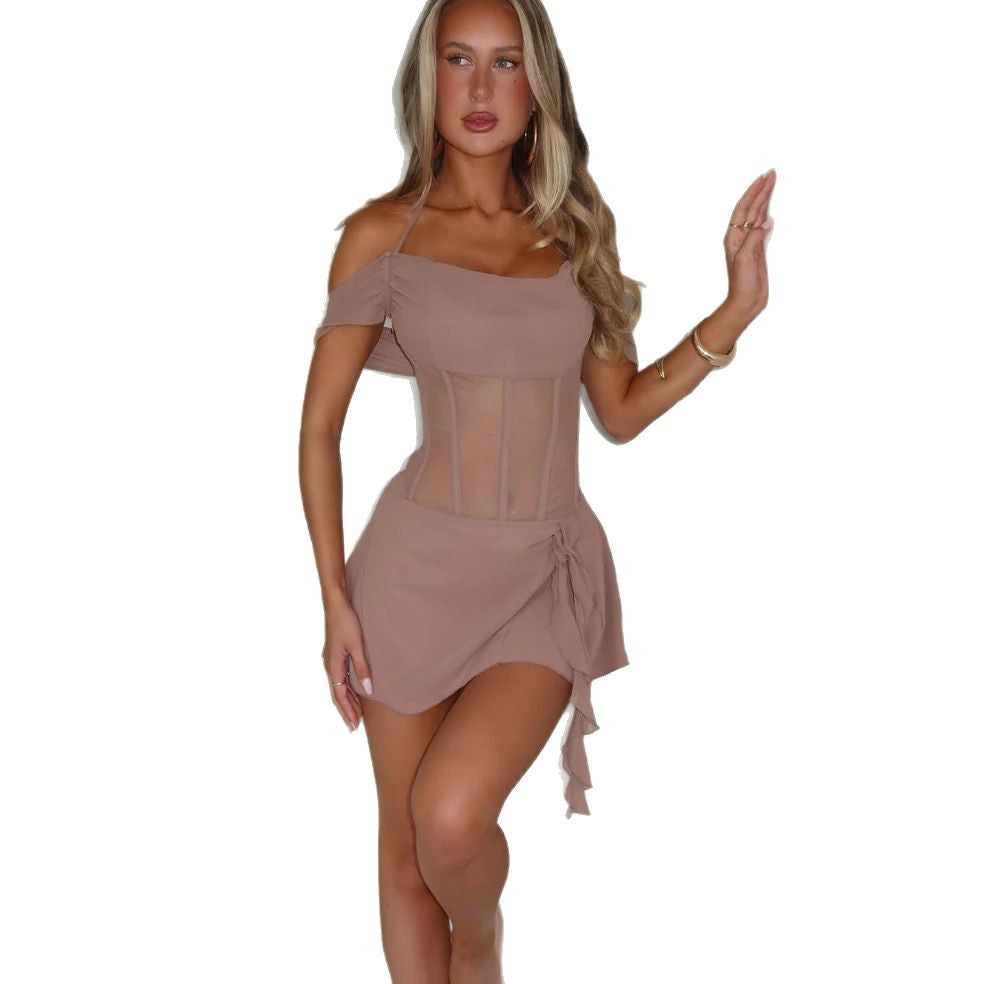 🌙 Spicy | Sheer Mesh Patchwork Dress — Off-Shoulder Clubwear Chic
