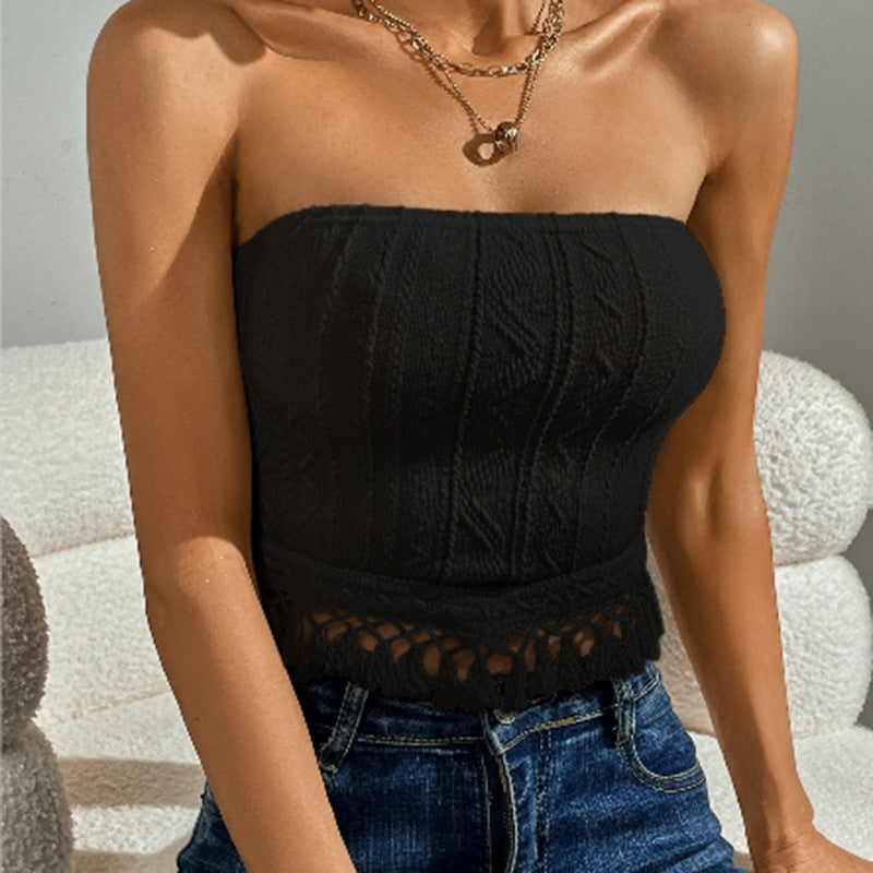 🎯 Spicy|Fringe Hem Solid Tube Crop Top