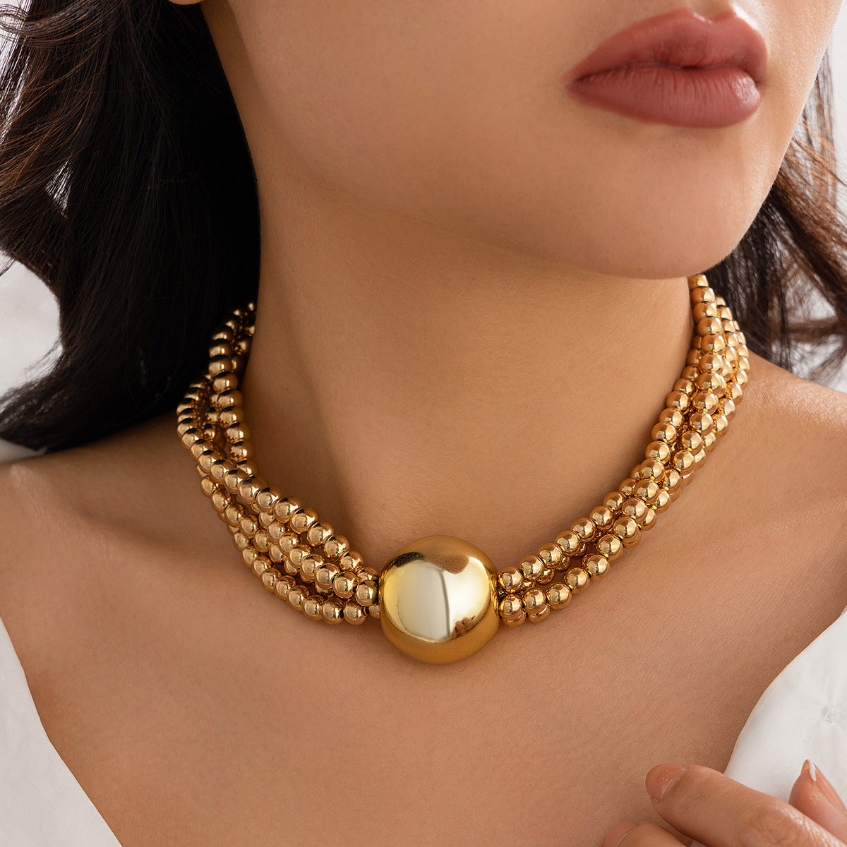 🔮 Necklace + Oversized Pearl Bead Pendant Necklace – Multi-Layer Street Vibe