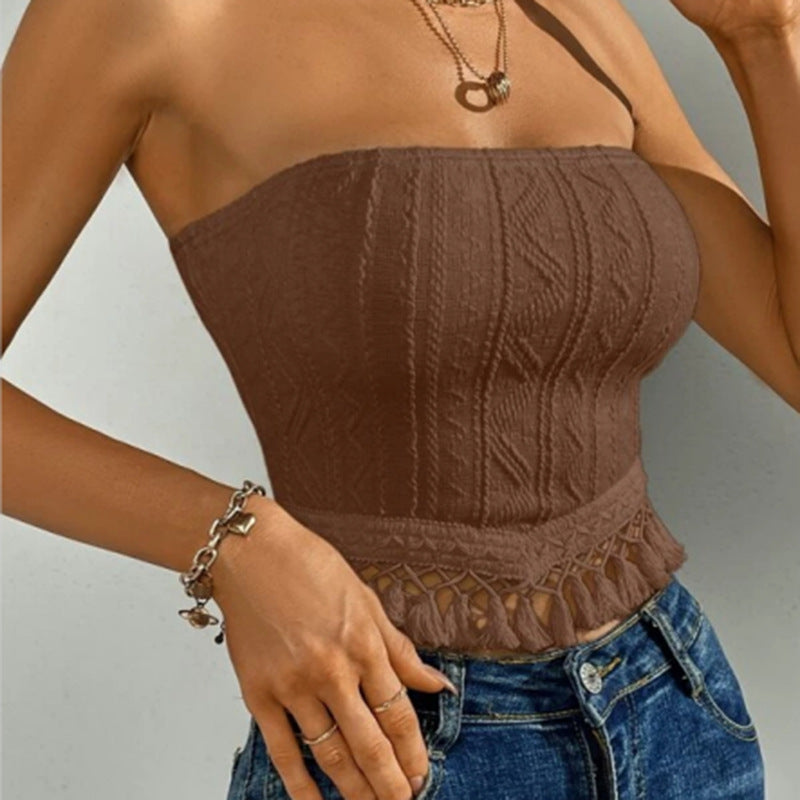 🎯 Spicy|Fringe Hem Solid Tube Crop Top