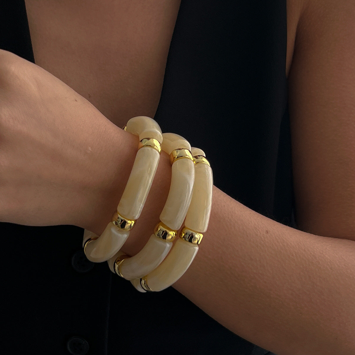 🎨 Bracelet Set + Tie-Dye Bead Bamboo Segment Bracelet Trio – Artistic Geometric