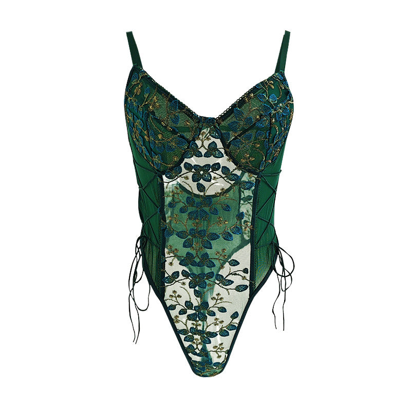 🌿 Spicy | Sheer Embroidered Lace Drawstring Bodysuit