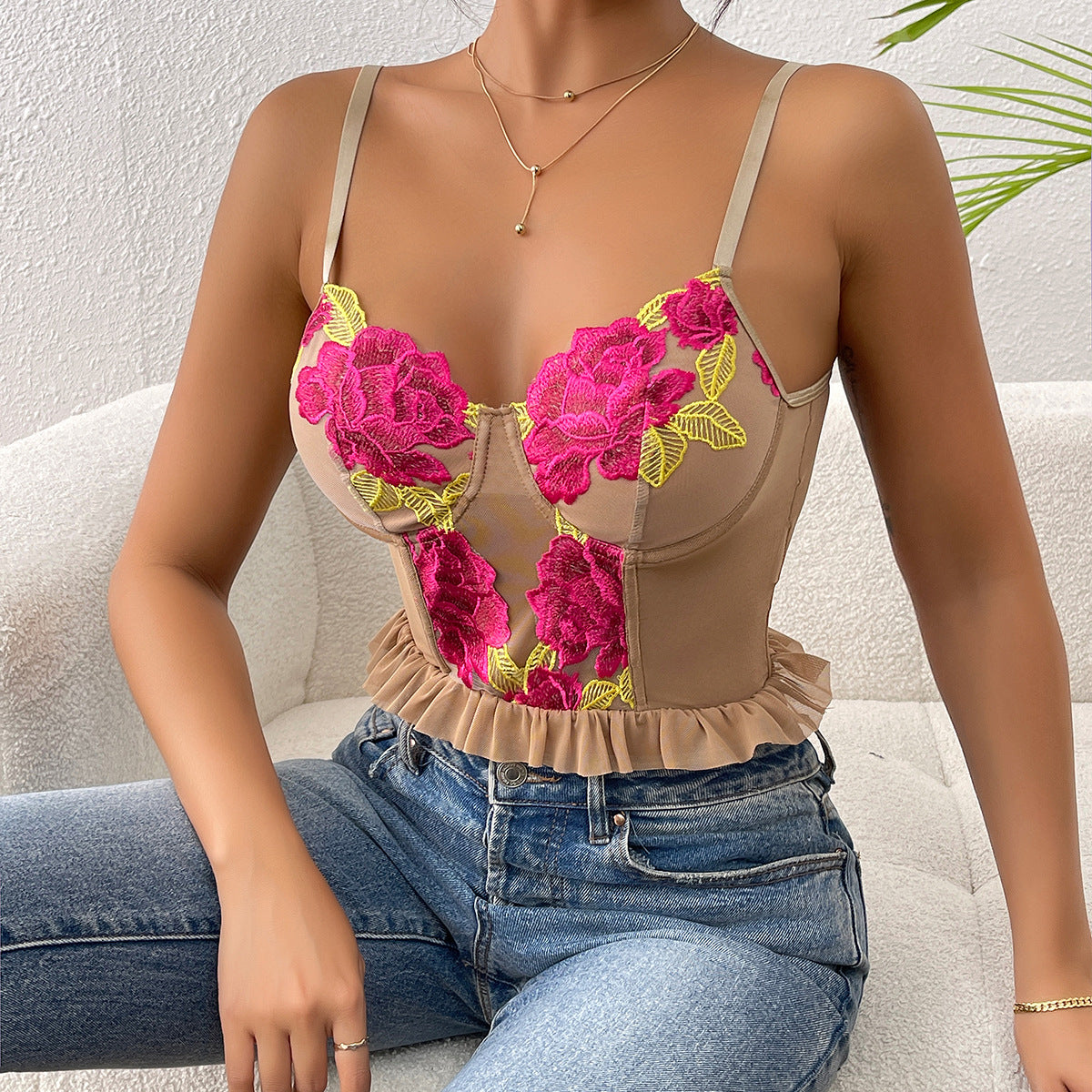 💘 Spicy | Lace Ruffle Boned Sheer Panel Crop Top