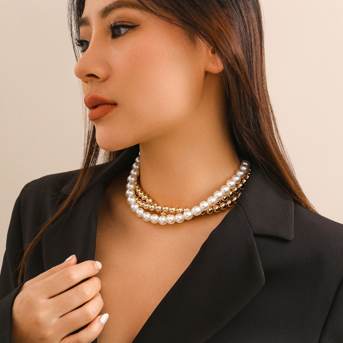 🖤 Choker + Punk Pearl Bead Geometric Statement Necklace