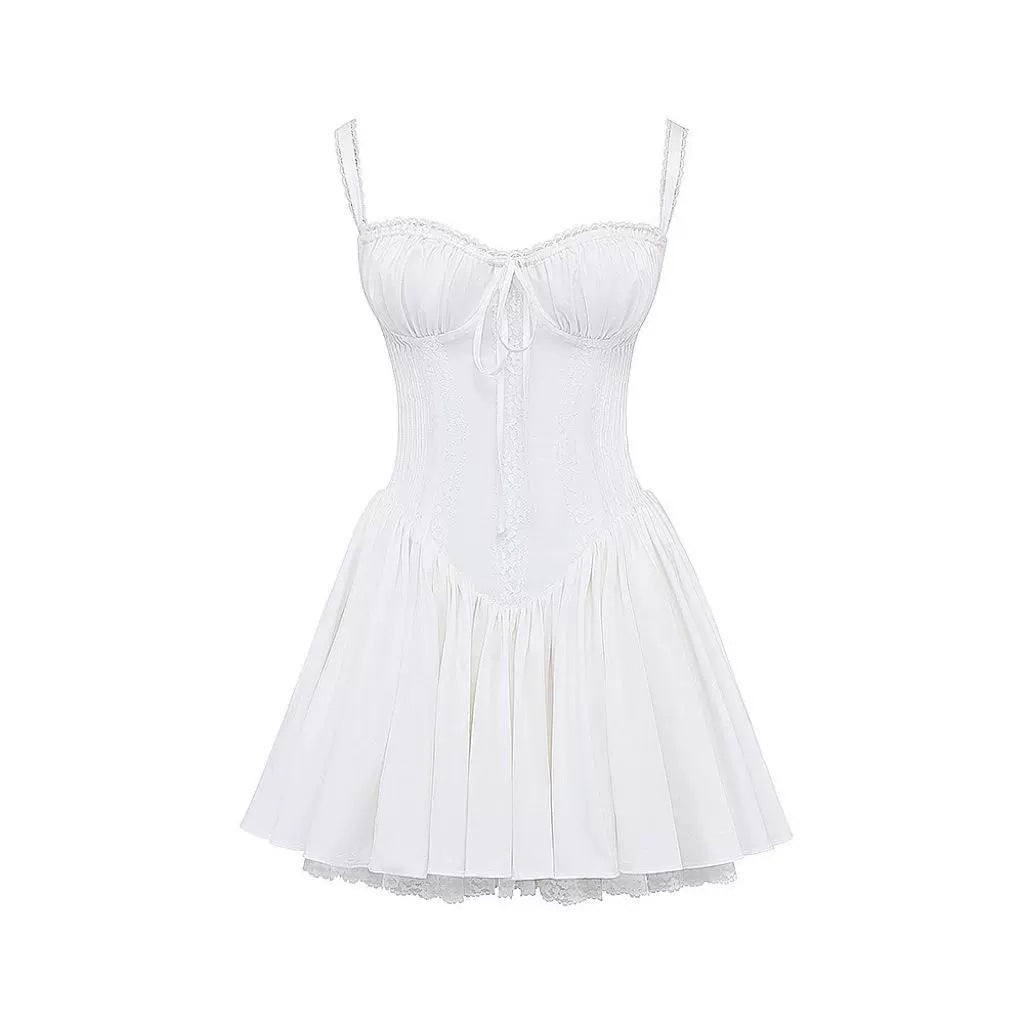 🤍 Spicy|Balletcore Lace Boned Cinched Waist Mini Dress