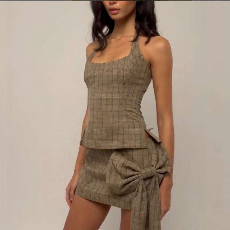 🌀 Spicy | Halterneck Plaid Mini Top — Backless with Side Slit