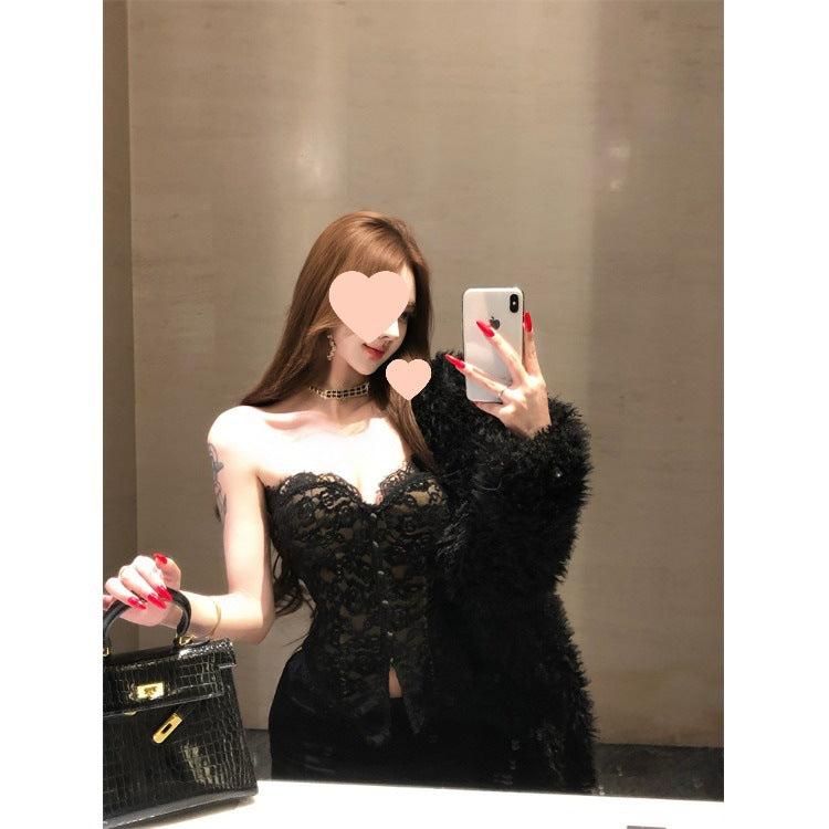 🪞 Spicy|Lace Panel Strapless Bustier Crop Top