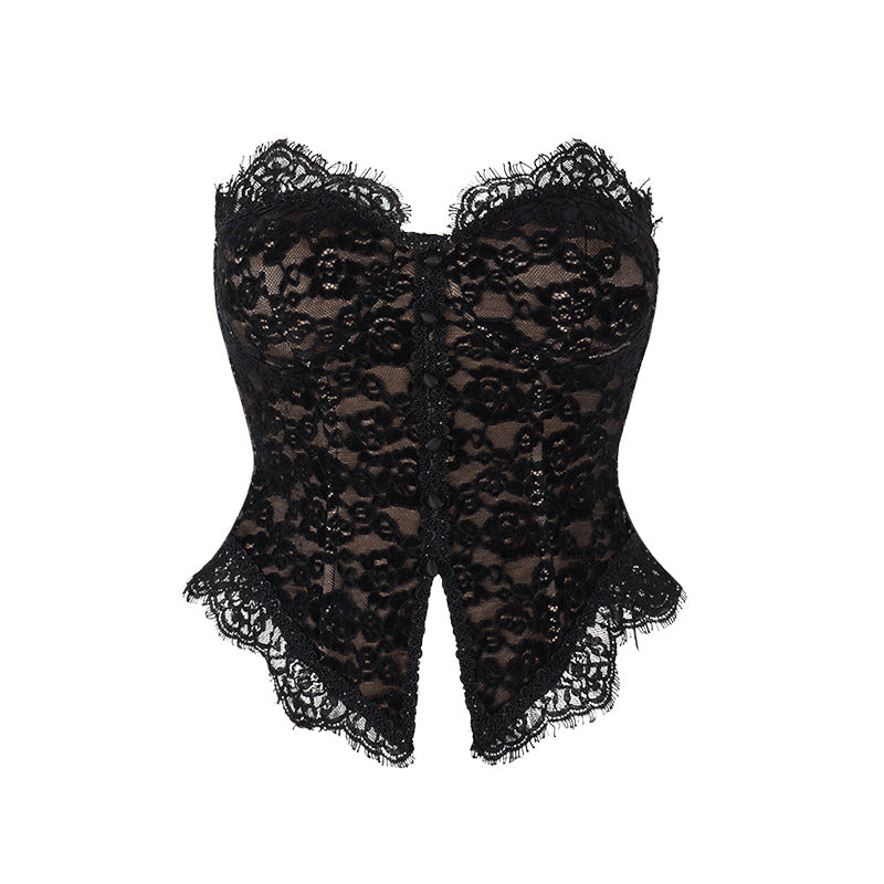🪞 Spicy|Lace Panel Strapless Bustier Crop Top