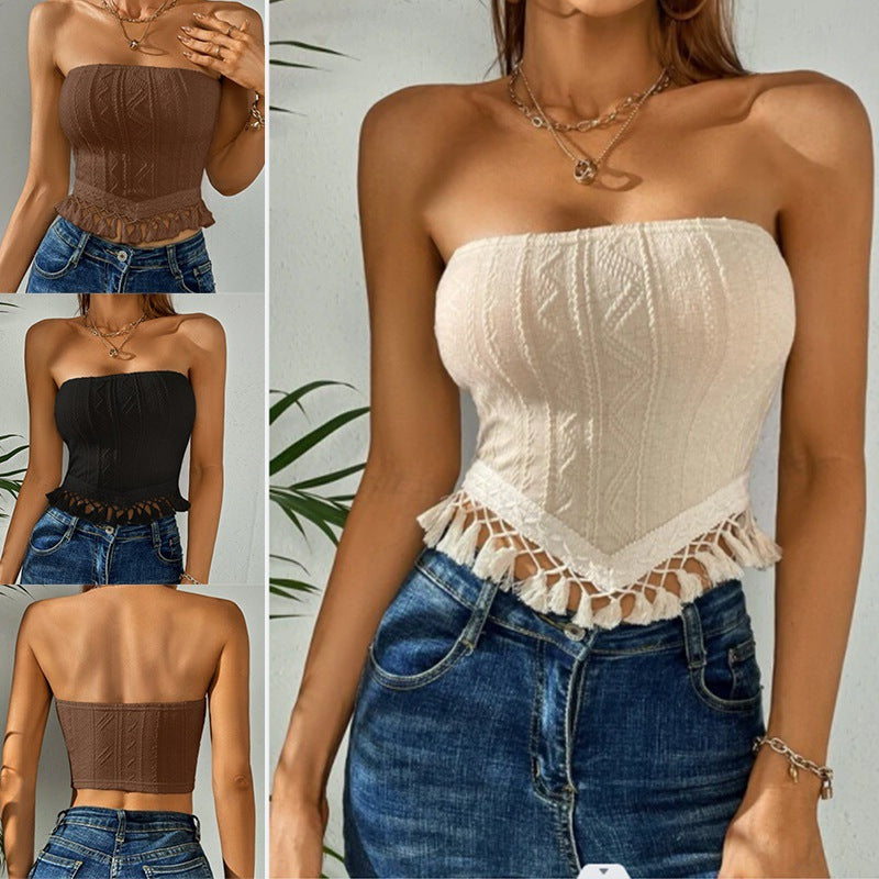 🎯 Spicy|Fringe Hem Solid Tube Crop Top
