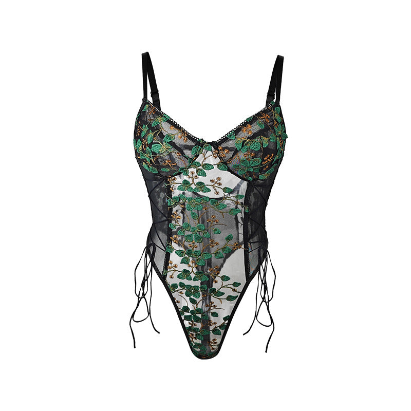 🌿 Spicy | Sheer Embroidered Lace Drawstring Bodysuit