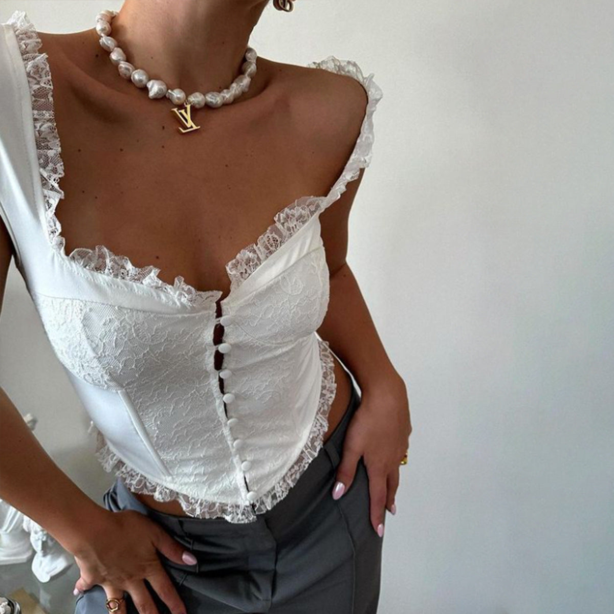 🌷 Spicy|Lace Ruffle Trim Boned Waist Cinching Tank Top
