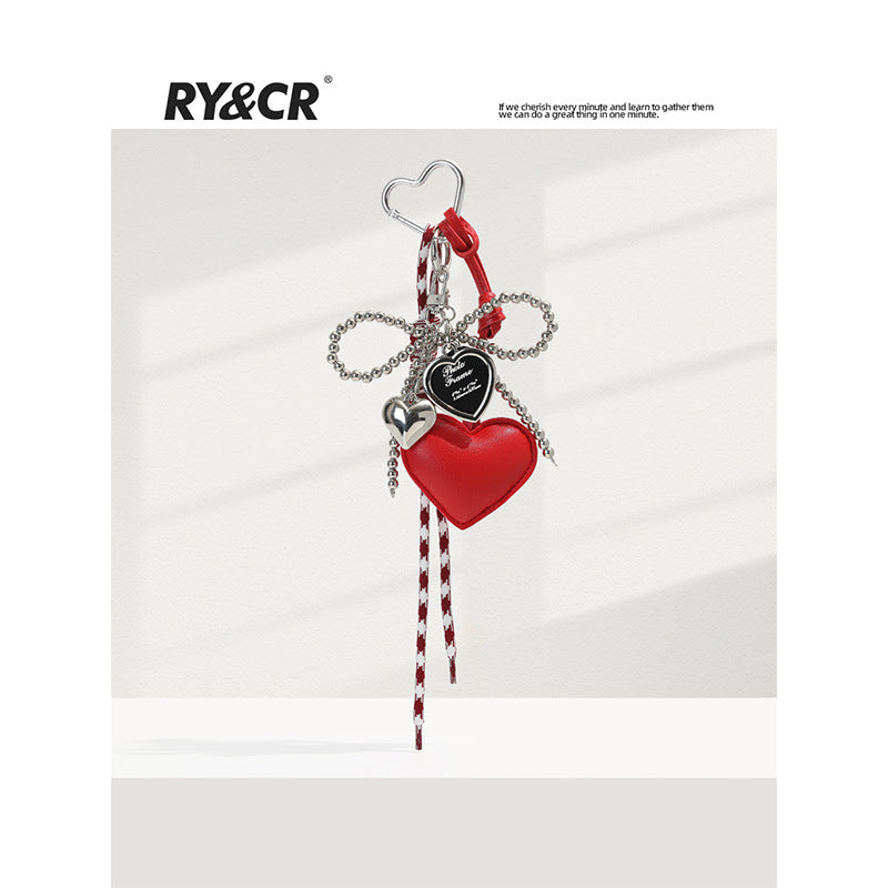 Silver Pearl Bow Leather Heart Keychain Charm — Miu-Inspired Dark Aesthetic