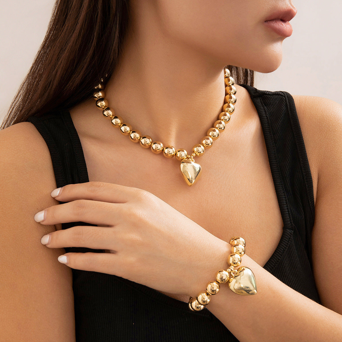 ⚪ Necklace + Statement Round Bead Chain With Heart Accent – Beaded Punk