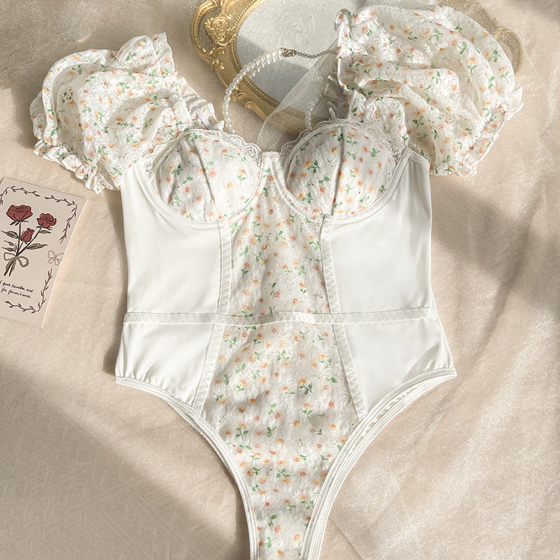 🌸 Spicy | Puff Sleeve Floral Lace Mesh Bodysuit