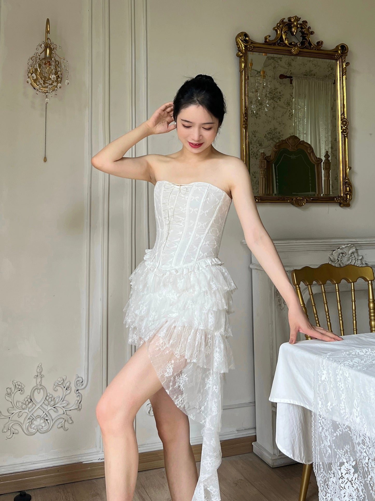 🌺 Spicy|Lace Boned Corset Top & Irregular Ruffle Skirt Set