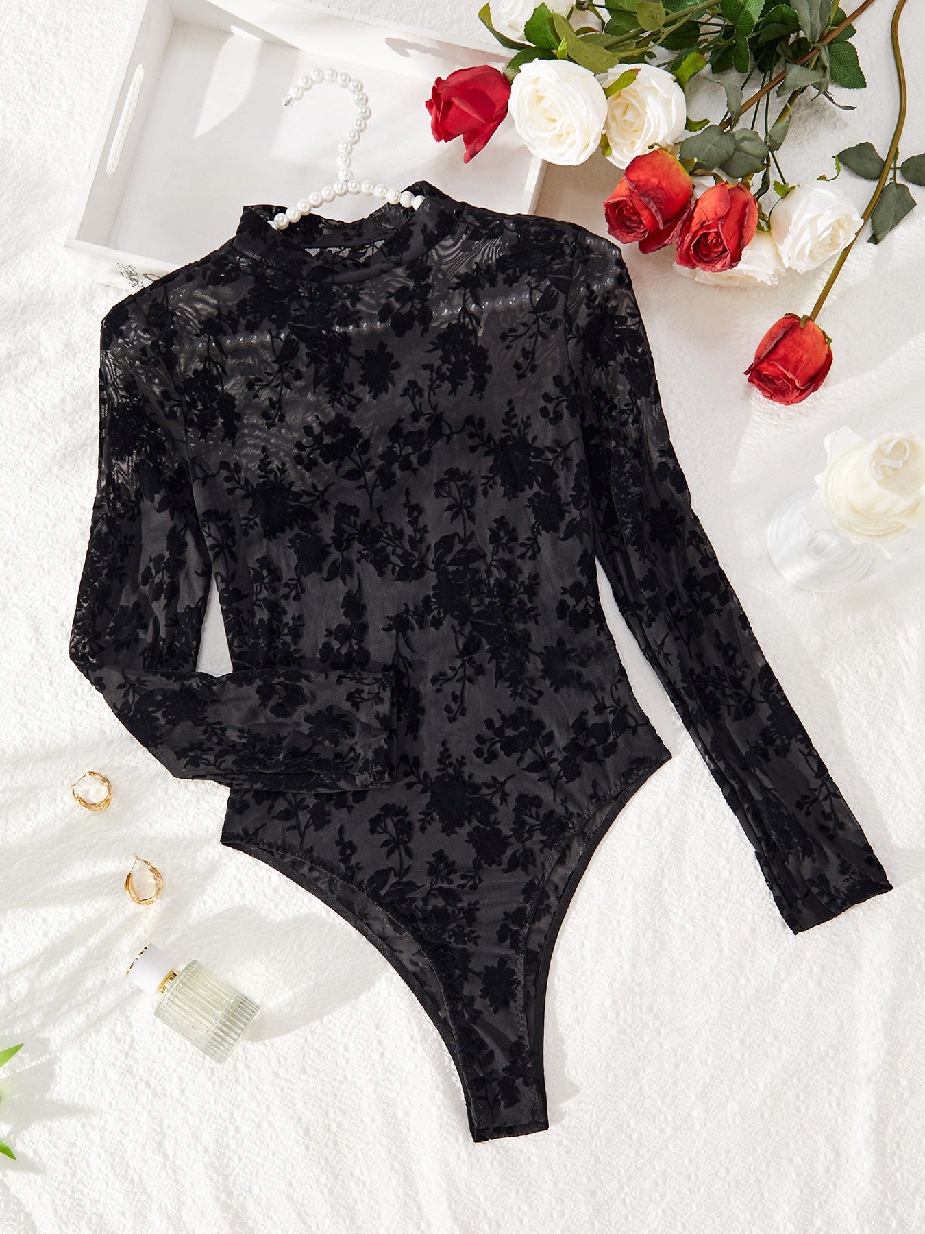 🌿 Spicy | Flocked Mesh Cutout Sheer Bodysuit