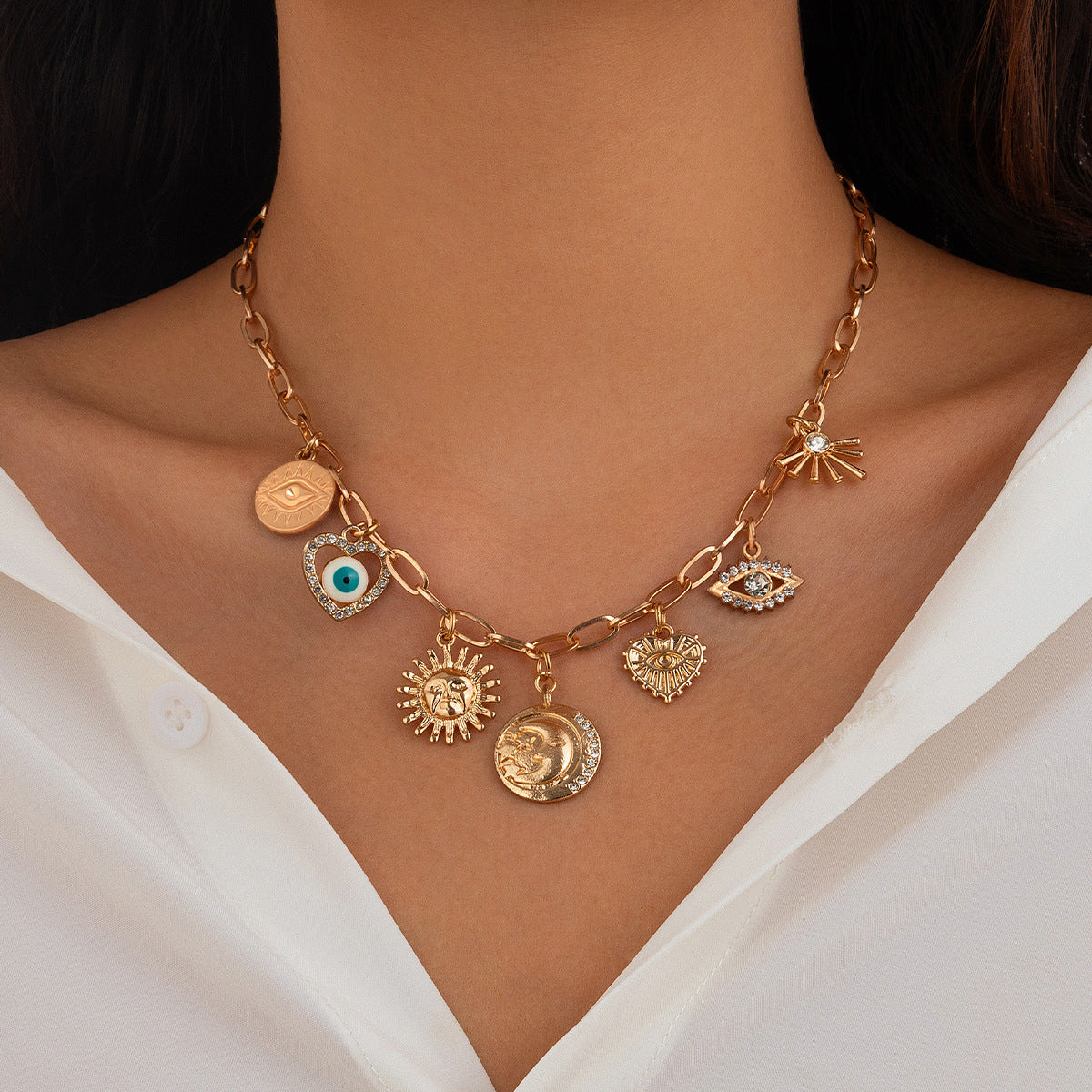☀️ Necklace + Sun Pendant Zircon Heart Fringe Necklace – Alloy Geometric