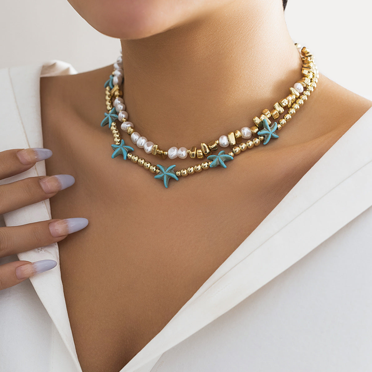 🌊 Necklace + Beaded Starfish & Shell Necklace – Coastal Beach Style