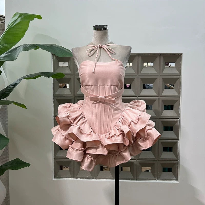 🎀 Spicy|Bow Puff Boned Mini Dress with Pumpkin Shorts