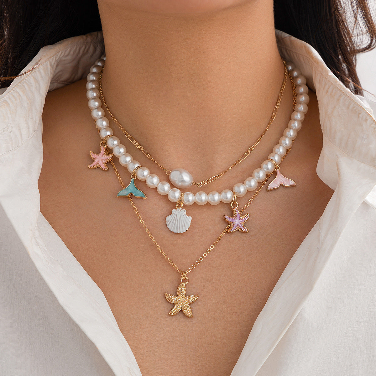 🌊 Necklace + Beaded Shell Pearl Necklace – Baroque Stone Accent