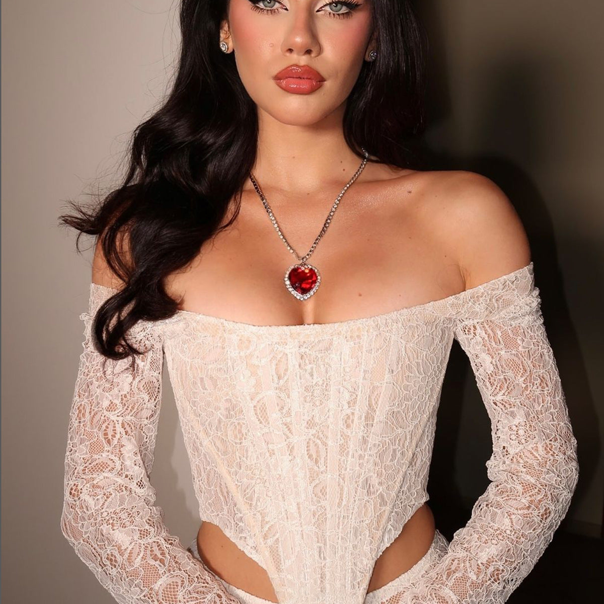 🌶 Spicy|Boned Lace Lace-Up Sheer Mesh Deep V Long Sleeve Top