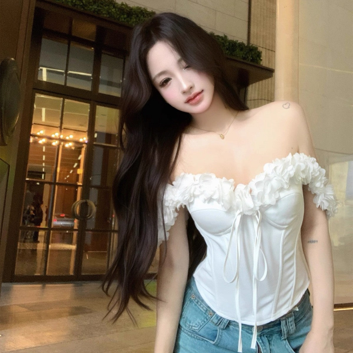 🤍 Spicy|White Lace Boned Cinched Waist Strapless Top