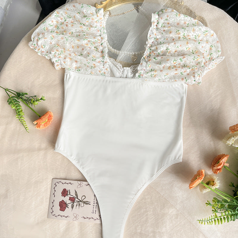 🌸 Spicy | Puff Sleeve Floral Lace Mesh Bodysuit