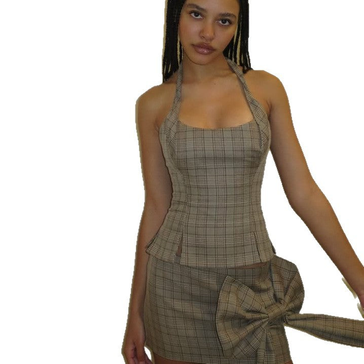 🌀 Spicy | Halterneck Plaid Mini Top — Backless with Side Slit