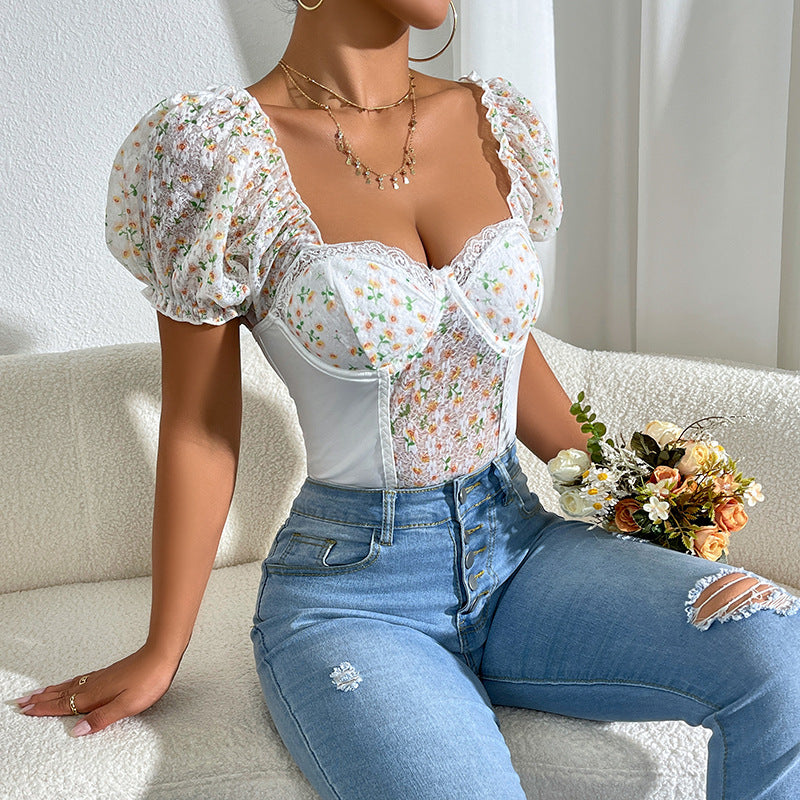 🌸 Spicy | Puff Sleeve Floral Lace Mesh Bodysuit