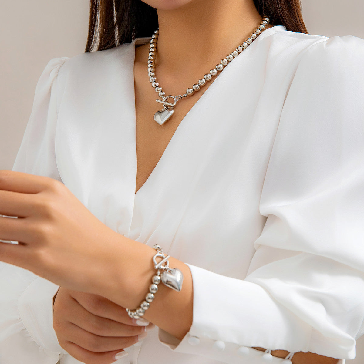 ⚪ Necklace + Statement Round Bead Chain With Heart Accent – Beaded Punk