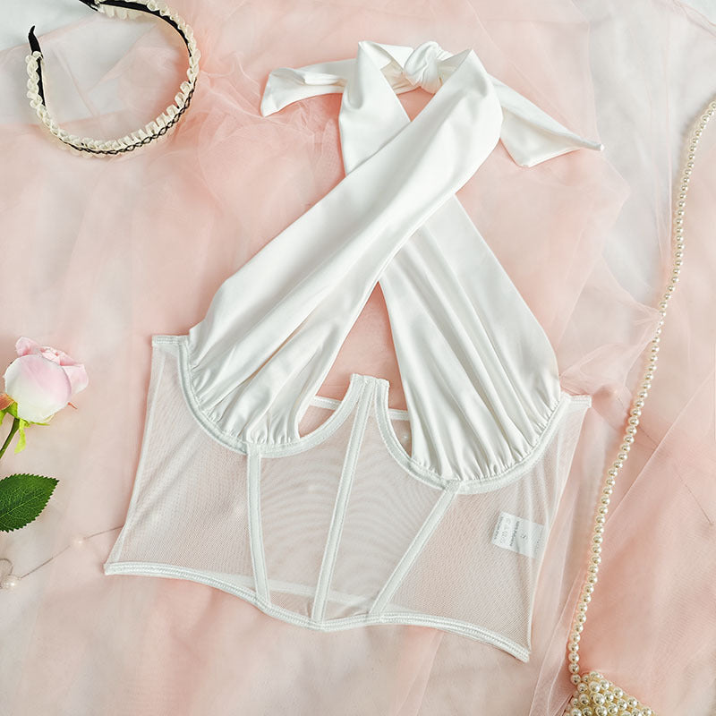 🖤 Spicy | Sheer Mesh Halter Corset Crop Top