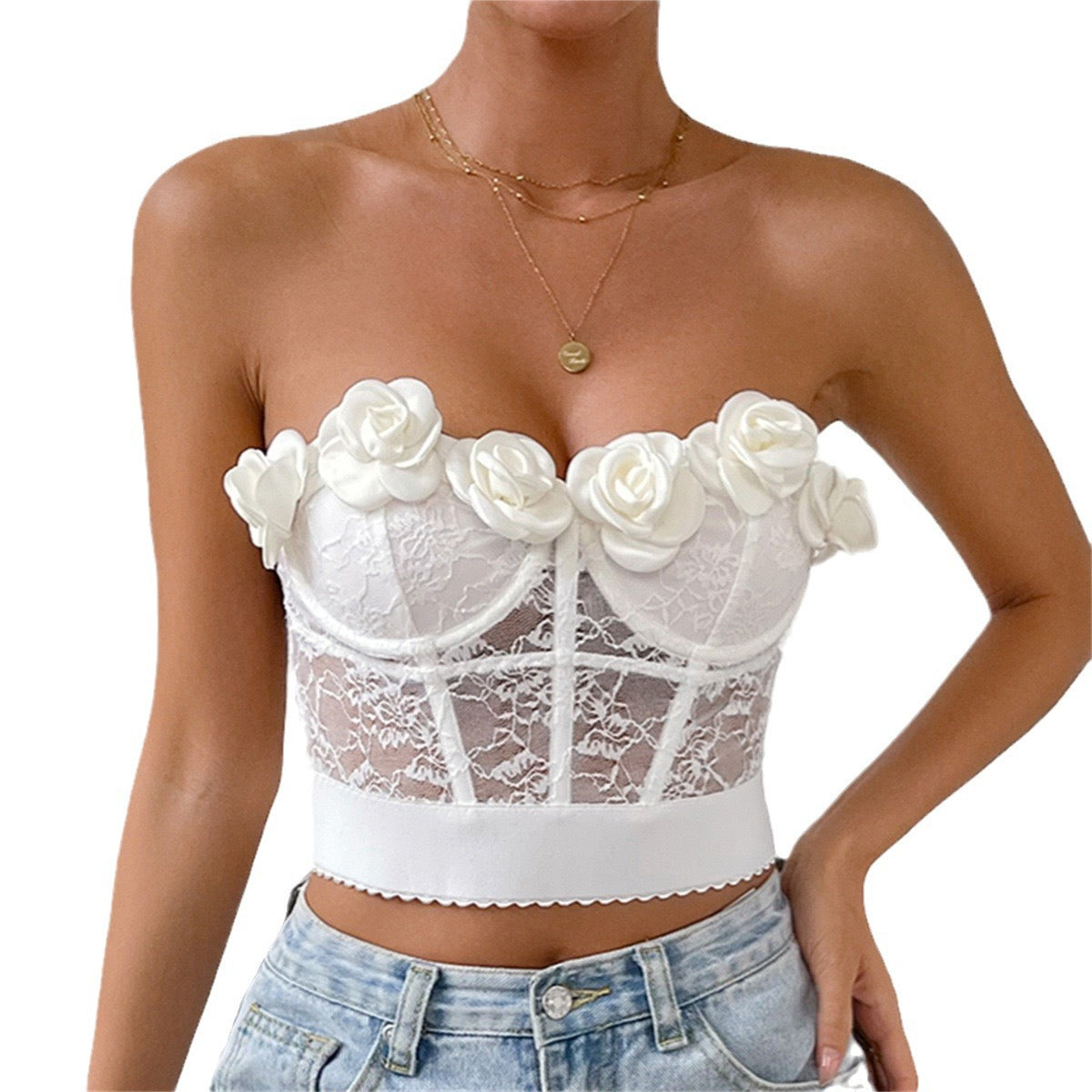 🌸 Spicy|Floral Embroidered Lace Button-Up Bustier Top