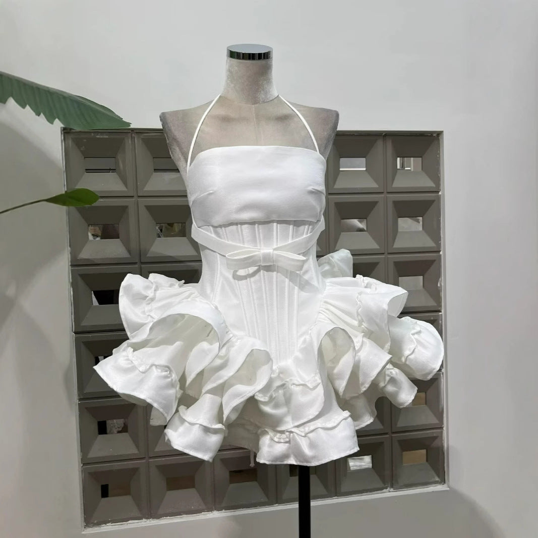 🎀 Spicy|Bow Puff Boned Mini Dress with Pumpkin Shorts