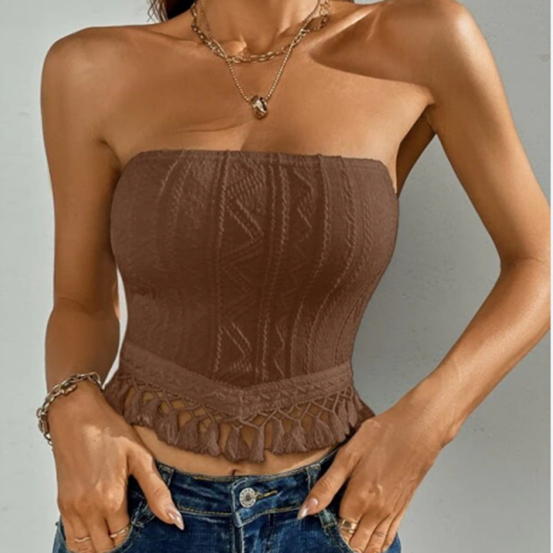 🎯 Spicy|Fringe Hem Solid Tube Crop Top