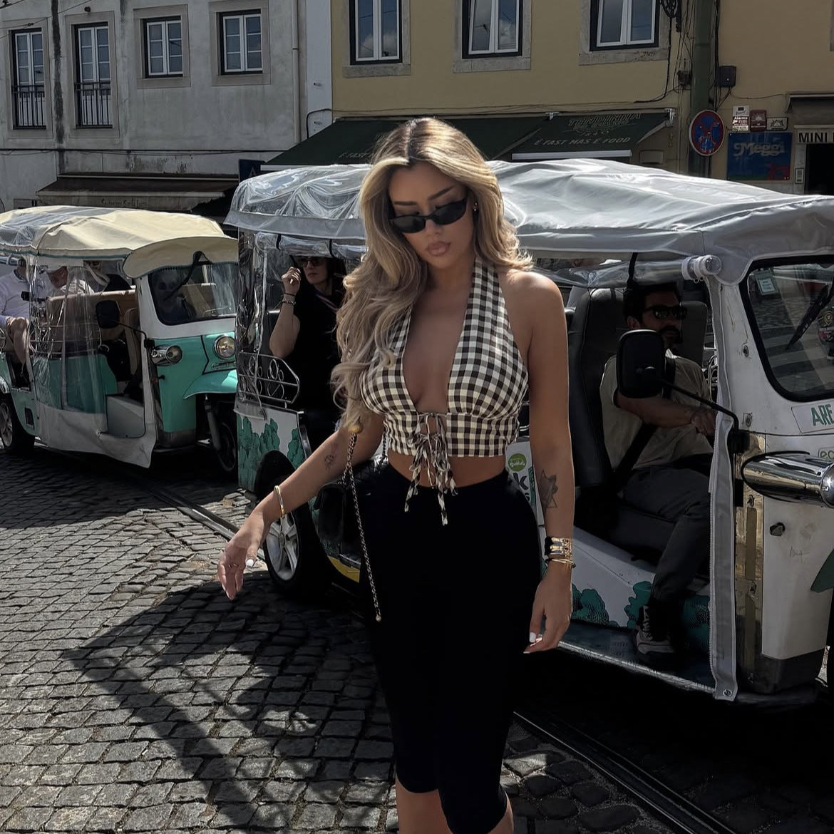 🧷 Spicy|Plaid Tie-Up Halter Corset Style Crop Top