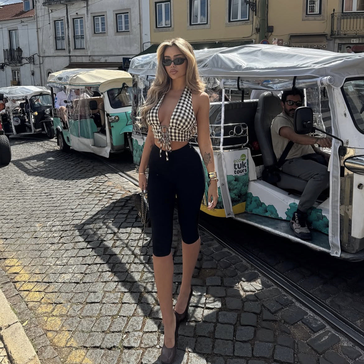 🧷 Spicy|Plaid Tie-Up Halter Corset Style Crop Top