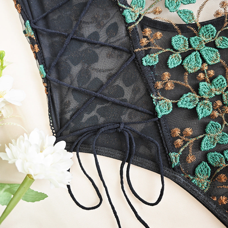🌿 Spicy | Sheer Embroidered Lace Drawstring Bodysuit