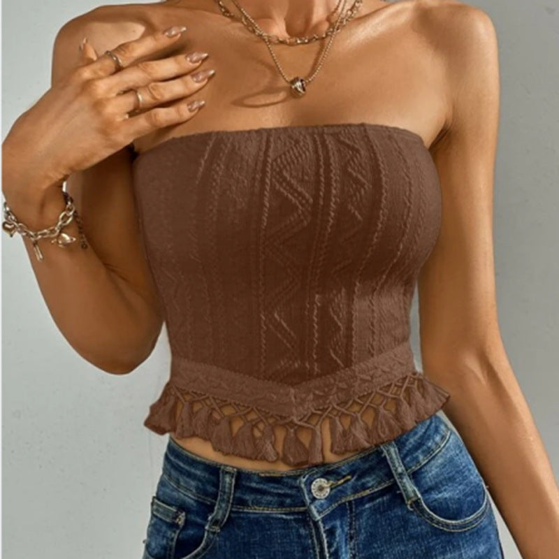 🎯 Spicy|Fringe Hem Solid Tube Crop Top