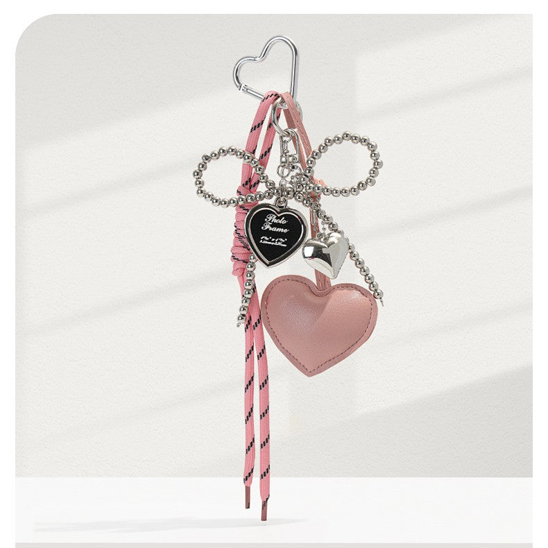 Silver Pearl Bow Leather Heart Keychain Charm — Miu-Inspired Dark Aesthetic