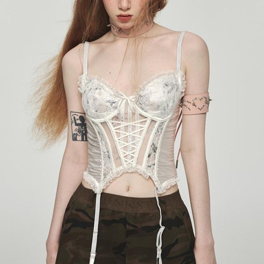 ✨ Spicy|Satin Lace-Up Boned Cross-Strap Bustier Top