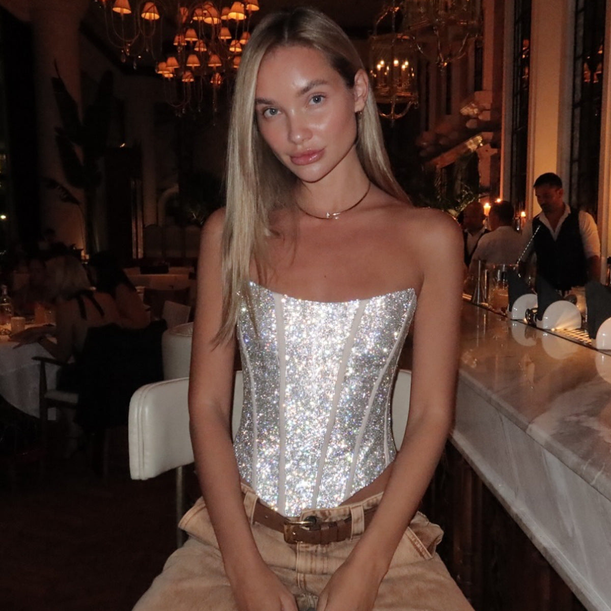 💫 Spicy|Boned Waist-Cinching Crisscross Back Top — Sparkle Diamond Cut