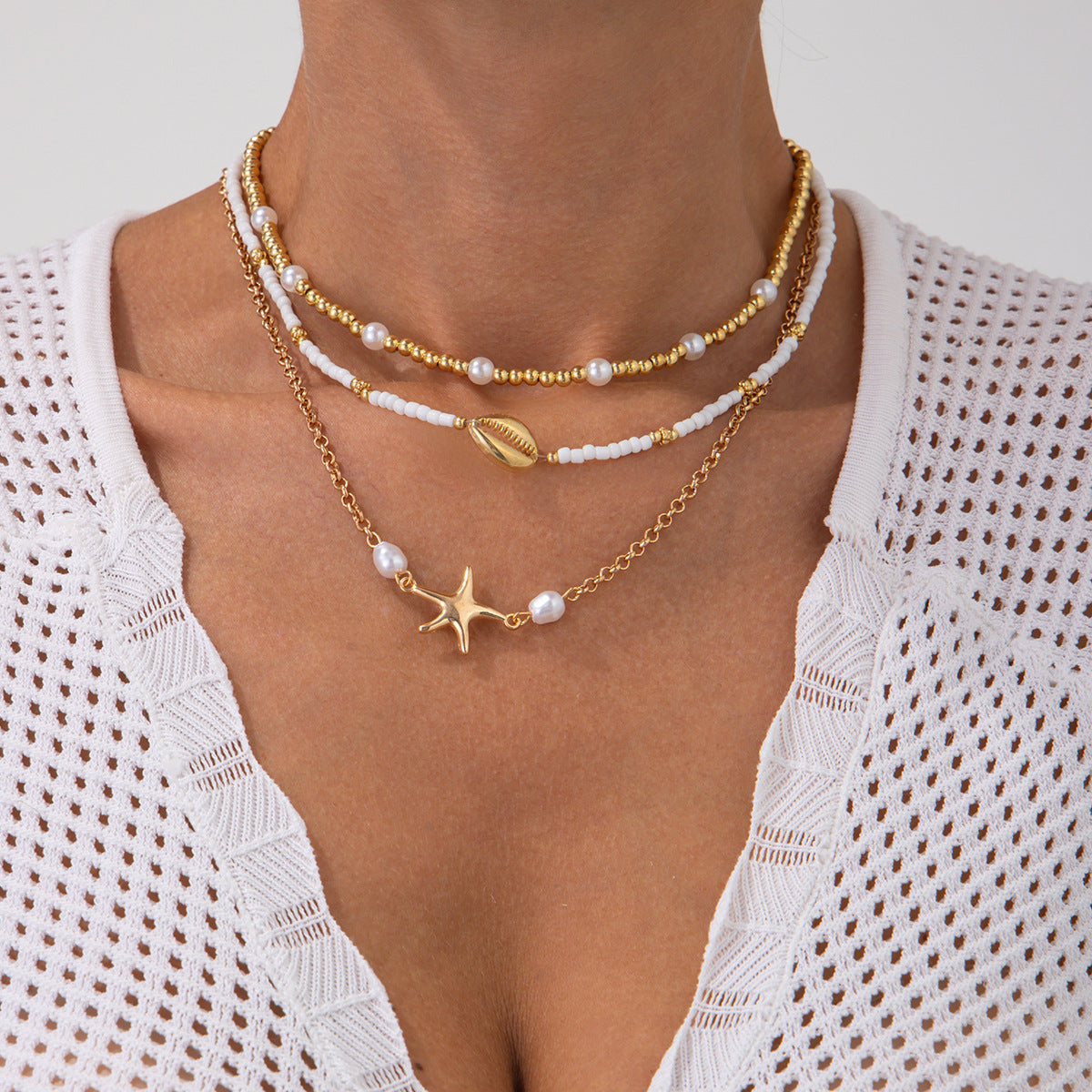 🌞 Necklace + Sunflower Multi-Layer Pearl Shell Necklace – Boho Summer