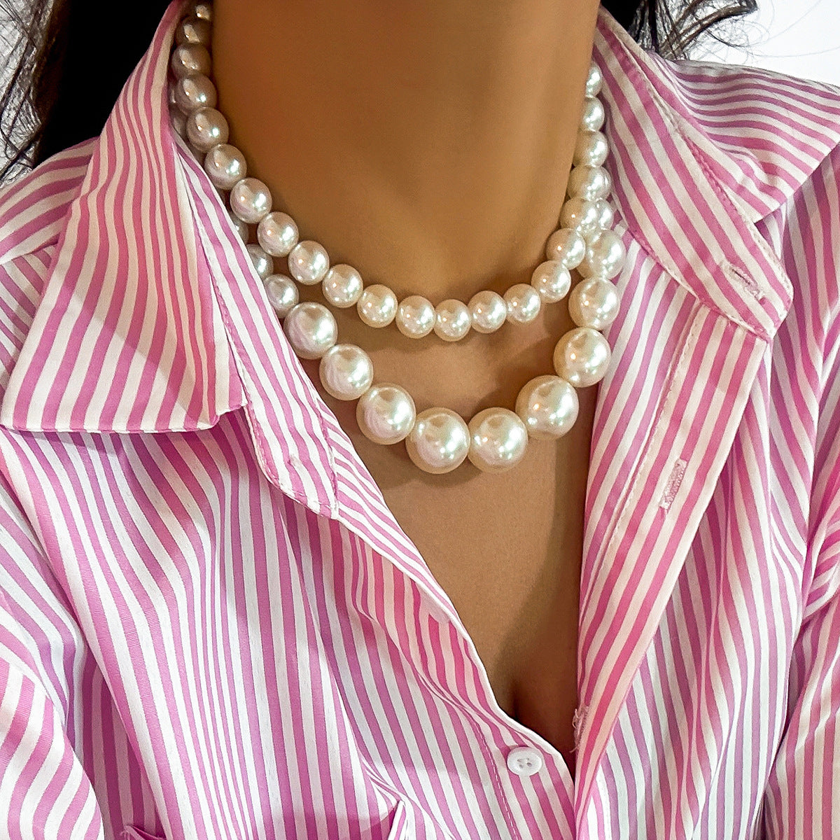 ⚪ Choker + Oversized Pearl Statement Necklace – Multi-Layer Design