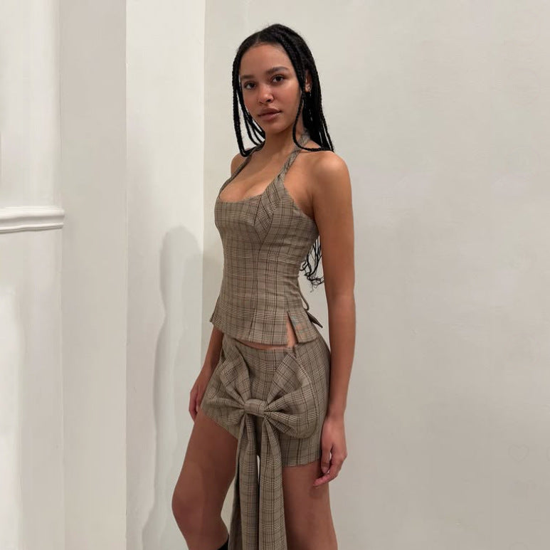 🌀 Spicy | Halterneck Plaid Mini Top — Backless with Side Slit