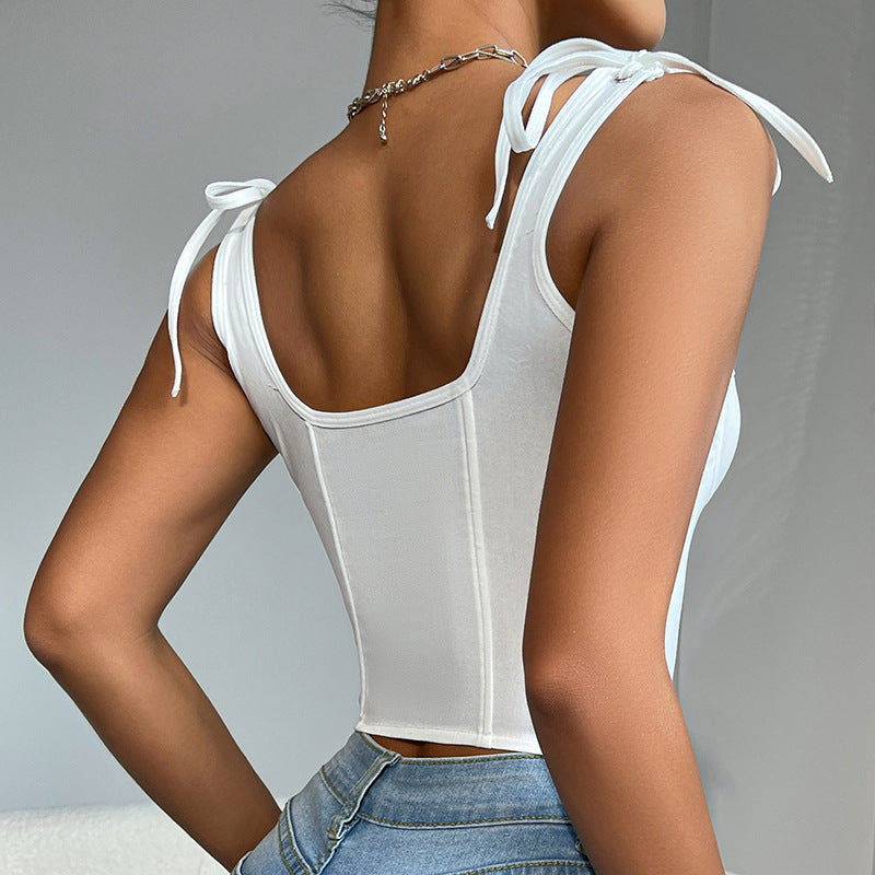 💎 Spicy | Ribbon-Tie Boned Square-Neck Crop Top