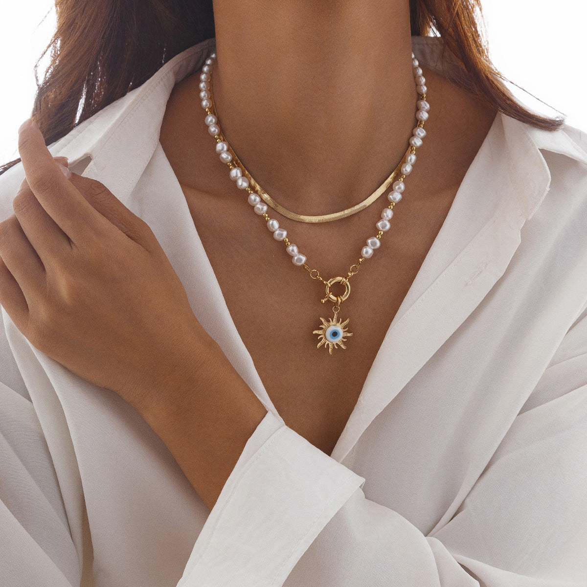 🐚 Necklace + Tribal Pearl Necklace With Sun Eye Pendant – Ethnic Style